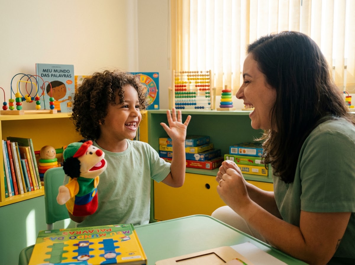 Criança feliz em terapia fonoaudiológica